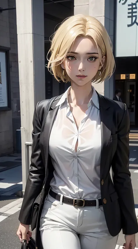 annie from anime Shingeki no Kyojin, short hair, blonde hair, pretty, beautiful woman, perfect body, perfect breasts, wears whit...