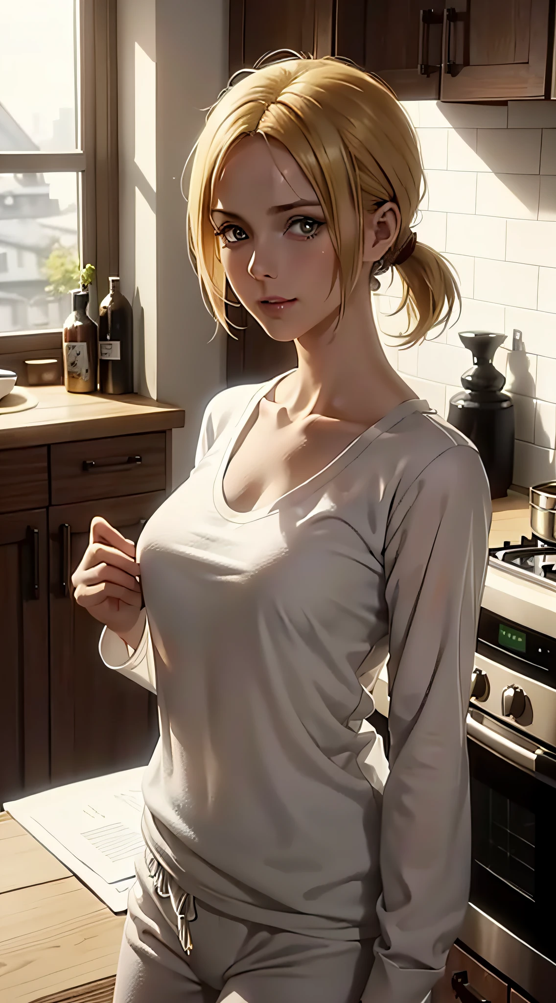 annie from the anime Shingeki no Kyojin, short hair, blonde hair, ponytail, beautiful, beautiful woman, perfect body, perfect breasts, wearing white pajamas, pajamas, sleepwear, in the kitchen, clear kitchen, looking at the viewer with a slight smile, realism, masterpiece, textured skin, super detailed, high detail, high quality, best quality, 1080p, 16k