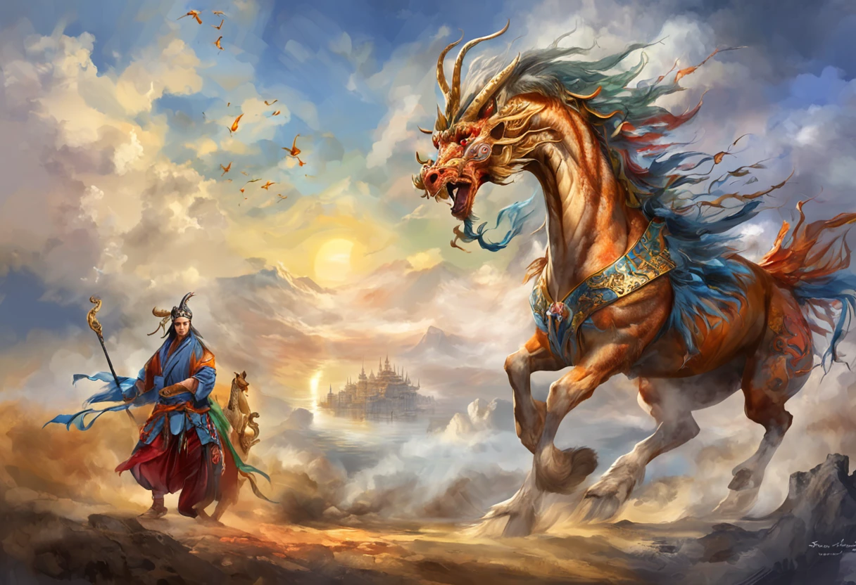 ighly detailed, ​masterpiece, fantastic quality, Ultra-high-definition CG images, Perfect litthing, realistic shadow, magnificent scene, A creature mixed with Chinese dragons and horses,dramatic sky, vivd colour.