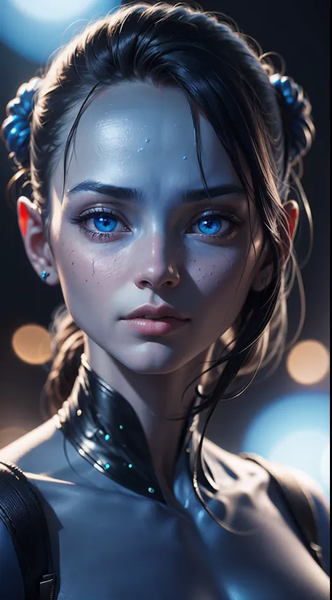 "photo realistic portrait with high detail of a blue alien, enhanced by bokeh and cinematic lighting"