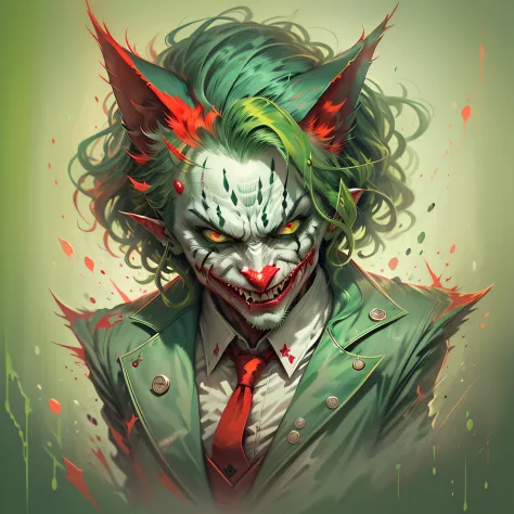 joker in the style of a Cat, (((green hair))) (((red lips))) ((evil expression))