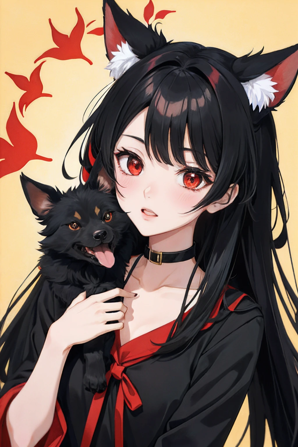 1 chica,  pelo medio negro, ojos rojos, magia roja, orejas de perro, inumimi, estilo kyoani haruhi, Retrato