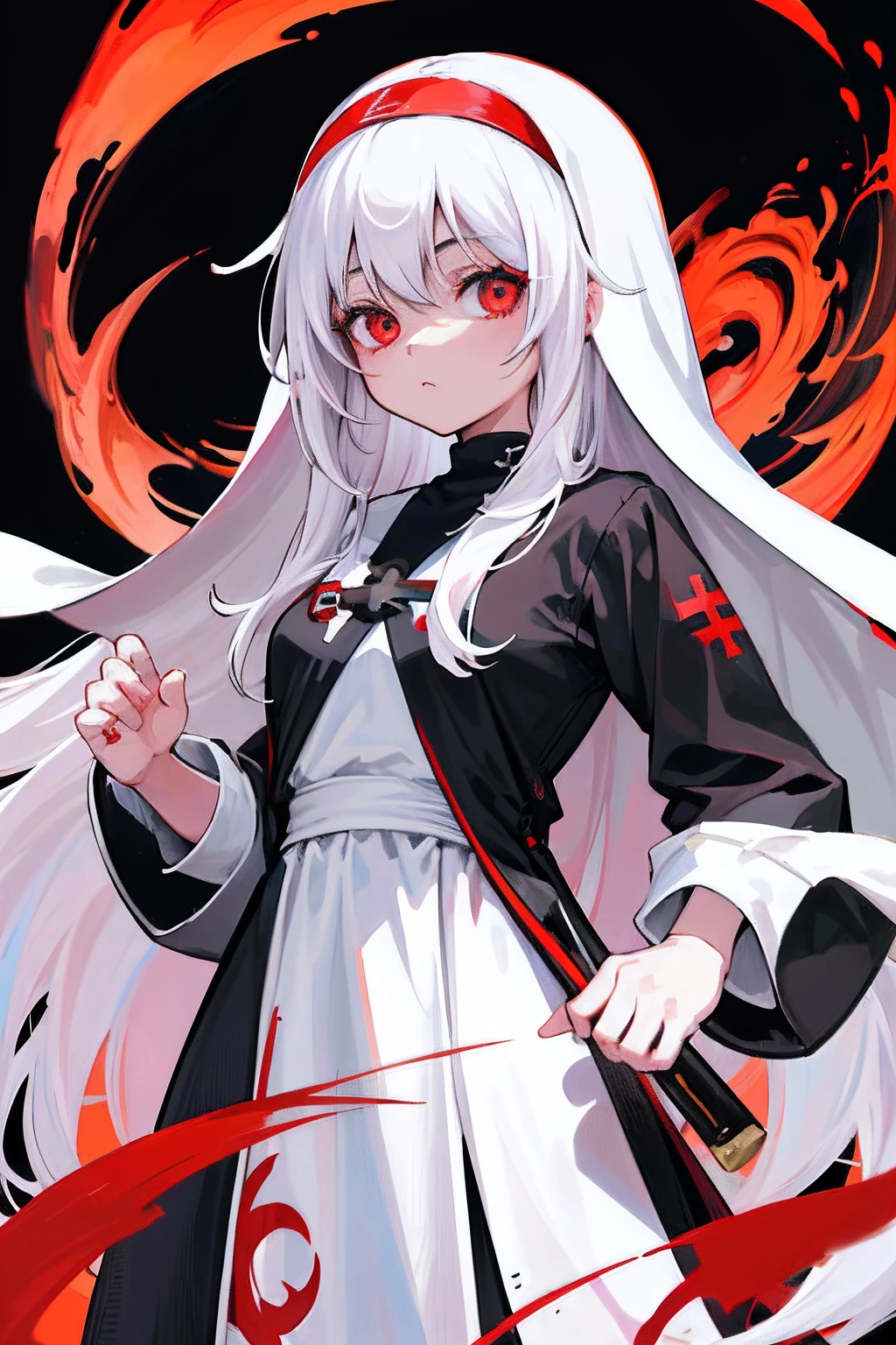 Original Character,girl,loli,white hair,red eyes,little girl,Anime style, long hair, nuns, crosses,{best quality}}, {{masterpiece}}, {{ultra-detailed}}, {illustration}, {detailed light},