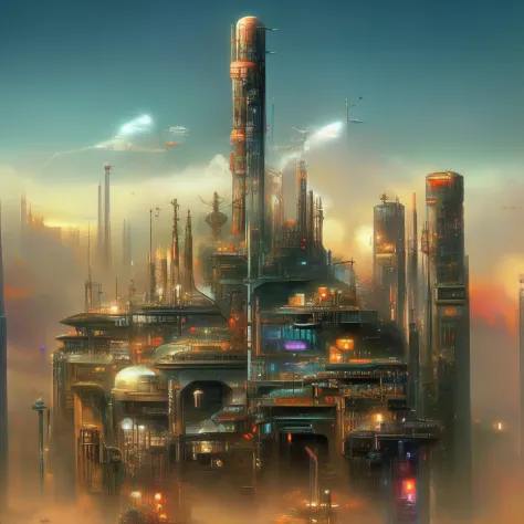 "a fusion of rustic fantasy city and futuristic technology, cyberpunk-inspired, highly detailed artwork reminiscent of the vibra...