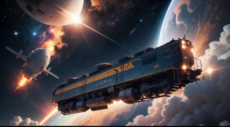 locomotives flying in space