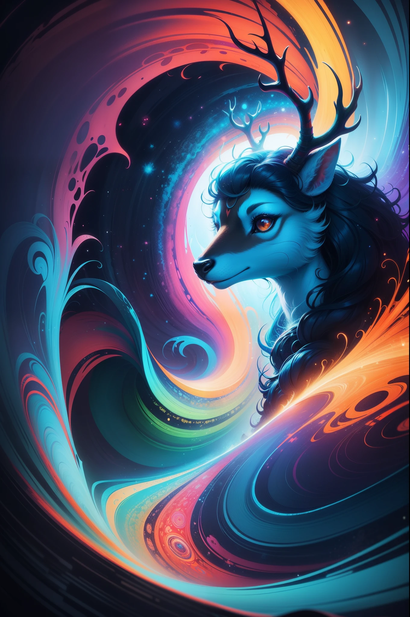 (Psychedelic painting of deer standing in front of colorful whirlpools), ((Multi-sewn large antlers, stag, Big head)), Light and shadow, Waves, Multi-layered, foreground, Distant view, fractal thunder dan mumford, Dan Mount Ford and Alex Gray style, psychedelic surreal art, surreal psychedelic design, Fantasy art style, Illusion psychedelic art, Infinite psychedelic waves, Inspired by Cyril Rolando, True corrugated structure, Psychedelic art style, trippy art, psychedelic illustrations，Bio-luminescence, vibrant, Colourful, Color, (Glowing, Glow), (Beautiful composition), Cinematic lighting, Intricate, (Symmetrical:0.5), Whimsical,