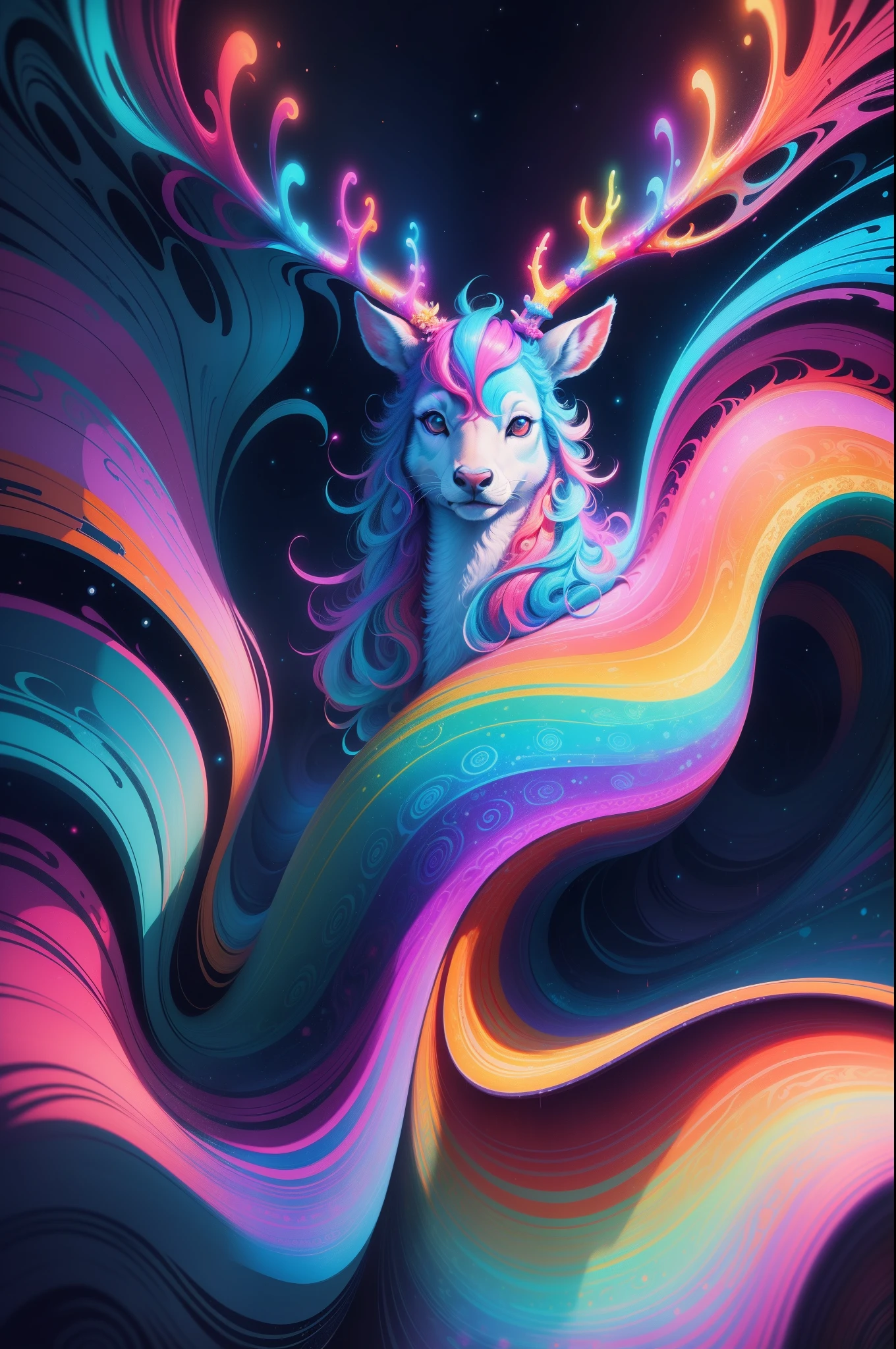 (Psychedelic painting of deer standing in front of colorful whirlpools), ((Multi-sewn large antlers, stag, Big head)), Light and shadow, Waves, Multi-layered, foreground, Distant view, fractal thunder dan mumford, Dan Mount Ford and Alex Gray style, psychedelic surreal art, surreal psychedelic design, Fantasy art style, Illusion psychedelic art, Infinite psychedelic waves, Inspired by Cyril Rolando, True corrugated structure, Psychedelic art style, trippy art, psychedelic illustrations，Bio-luminescence, vibrant, Colourful, Color, (Glowing, Glow), (Beautiful composition), Cinematic lighting, Intricate, (Symmetrical:0.5), Whimsical,