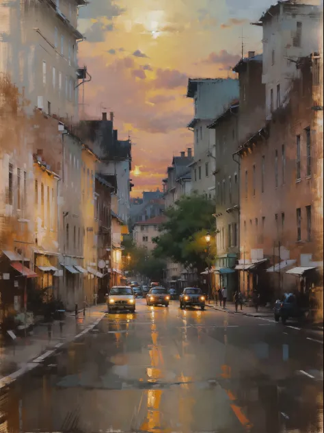 Cityscape  Print , stree and old Colonial building, road lamp, cars,  sunset, vicheals. Oil Painting