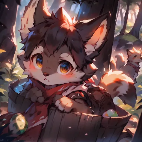 A curious male wolf cub pokes its head out of a cozy fox den in the forest. He has gray-white fur, bushy tail, And cheer up the big fluffy ears. He wears a white scarf. His eyes were bright and surprised as he looked out of the study in the lush woods。, wi...