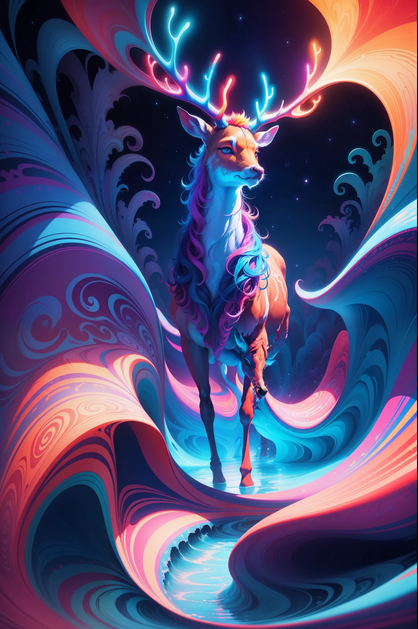 (Psychedelic painting of deer standing in front of colorful whirlpools), ((Multi-sewn large antlers, stag, Big head)), Light and shadow, Waves, Multi-layered, foreground, Distant view, fractal thunder dan mumford, Dan Mount Ford and Alex Gray style, psychedelic surreal art, surreal psychedelic design, Fantasy art style, Illusion psychedelic art, Infinite psychedelic waves, Inspired by Cyril Rolando, True corrugated structure, Psychedelic art style, trippy art, psychedelic illustrations，Bio-luminescence, vibrant, Colourful, Color, (Glowing, Glow), (Beautiful composition), Cinematic lighting, Intricate, (Symmetrical:0.5), Whimsical,