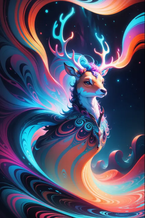 (Psychedelic painting of deer standing in front of colorful whirlpools), ((Multi-sewn large antlers, stag, Big head)), Light and...