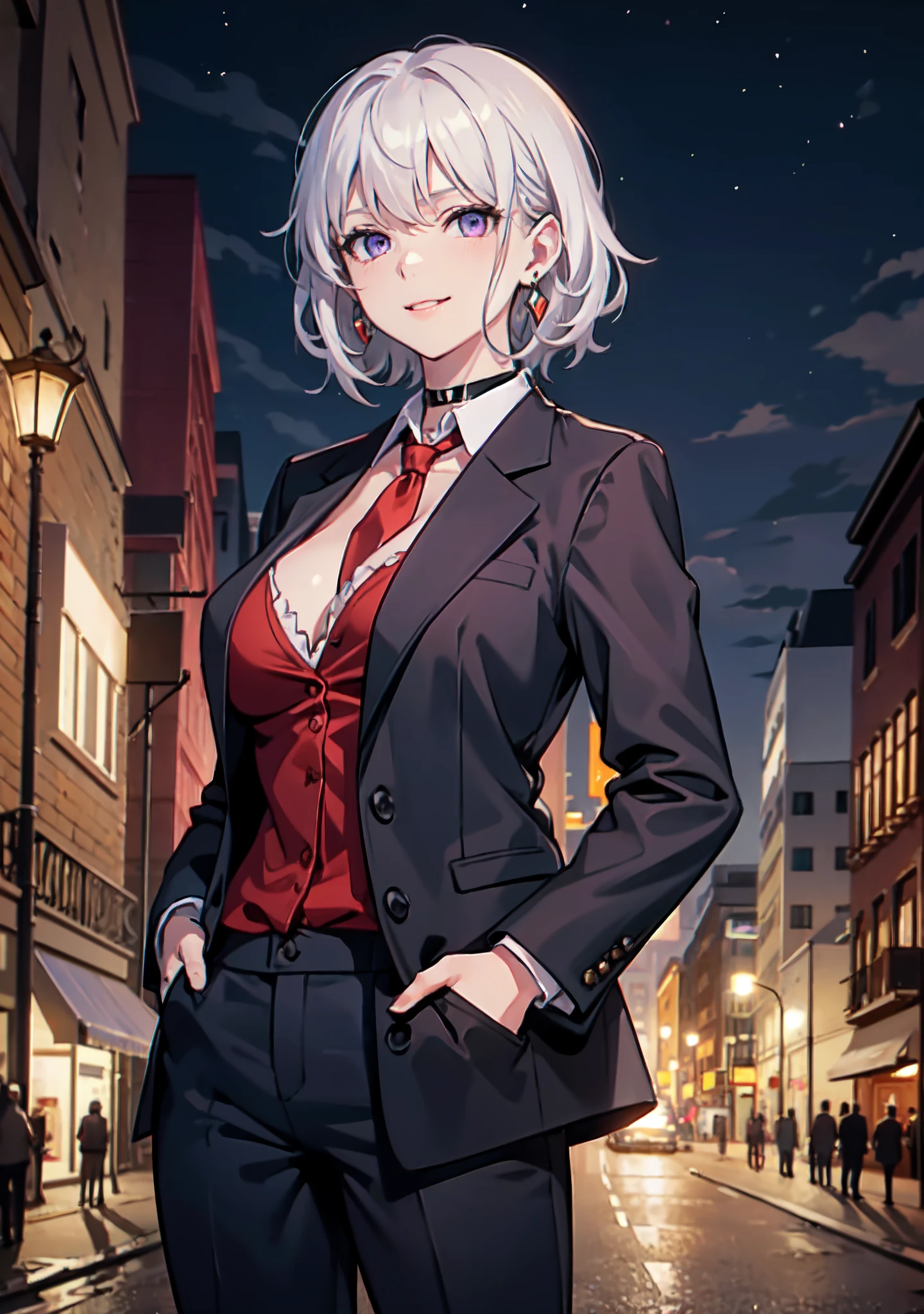 (masterpiece, best quality:1.2), cowboy shot, solo, 1girl, white hair, short wavy hair, purple eyes, (large breasts: 1.2), cleavage, slender body, light smile, looking at viewer, hands in pockets, formal, dark suit, red necktie, black pants, choker, earrings, cityscape scenery, street, night light,