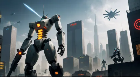 wallpaper, cyperpunk city, big robot in the middle of city, focus to the robot, robot are equipment with gun and rocket launcher, detail in robot