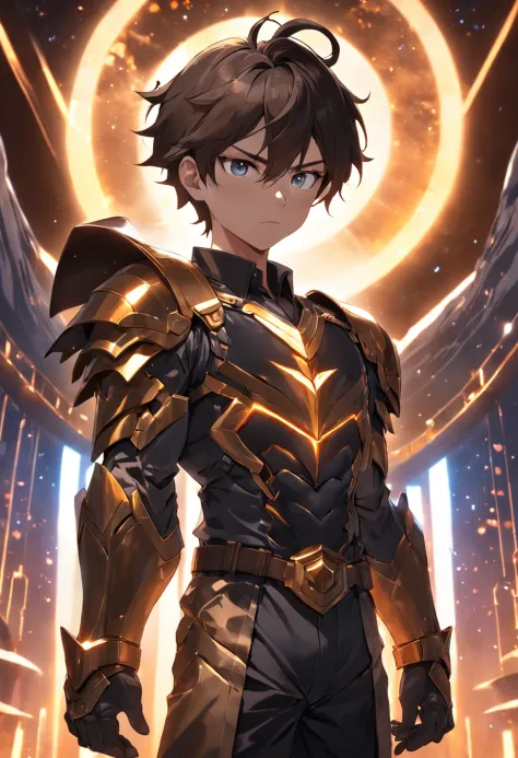 (extremely detailed CG unity 16k wallpaper:1.1), (Denoising strength: 1.45), (tmasterpiece:1.37), A guard wearing black overalls and a brown shirt, dressed in armor, god rays, sparkle, glowing light