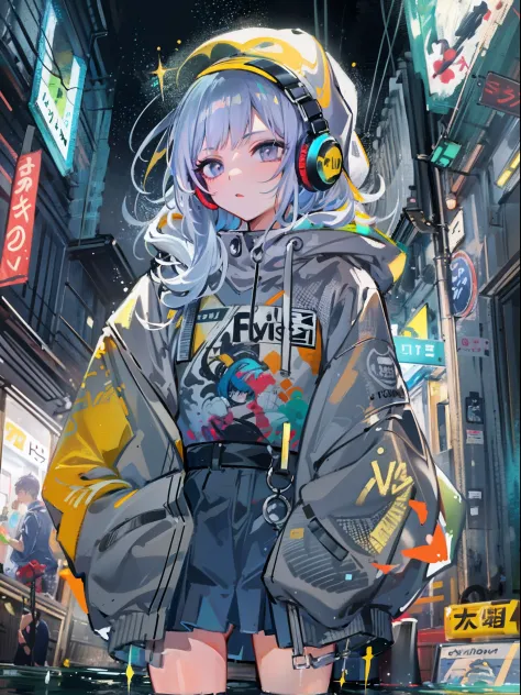 8K分辨率、((top-quality))、((​masterpiece))、((ultra-detailliert))、1 woman、独奏、incredibly absurdness、Oversized hoodies、headphones、Street、plein air、Sateen、neons、Shortcut Hair、Brightly colored eyes、Hands in pockets、a miniskirt、water dripping