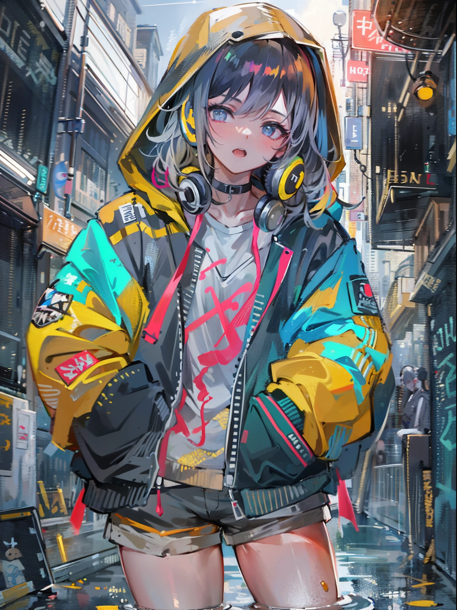 8K分辨率、((top-quality))、((​masterpiece))、((ultra-detailliert))、1 woman、独奏、incredibly absurdness、Oversized hoodies、headphones、Street、plein air、Sateen、neons、Shortcut Hair、Brightly colored eyes、Hands in pockets、shortpants、water dripping