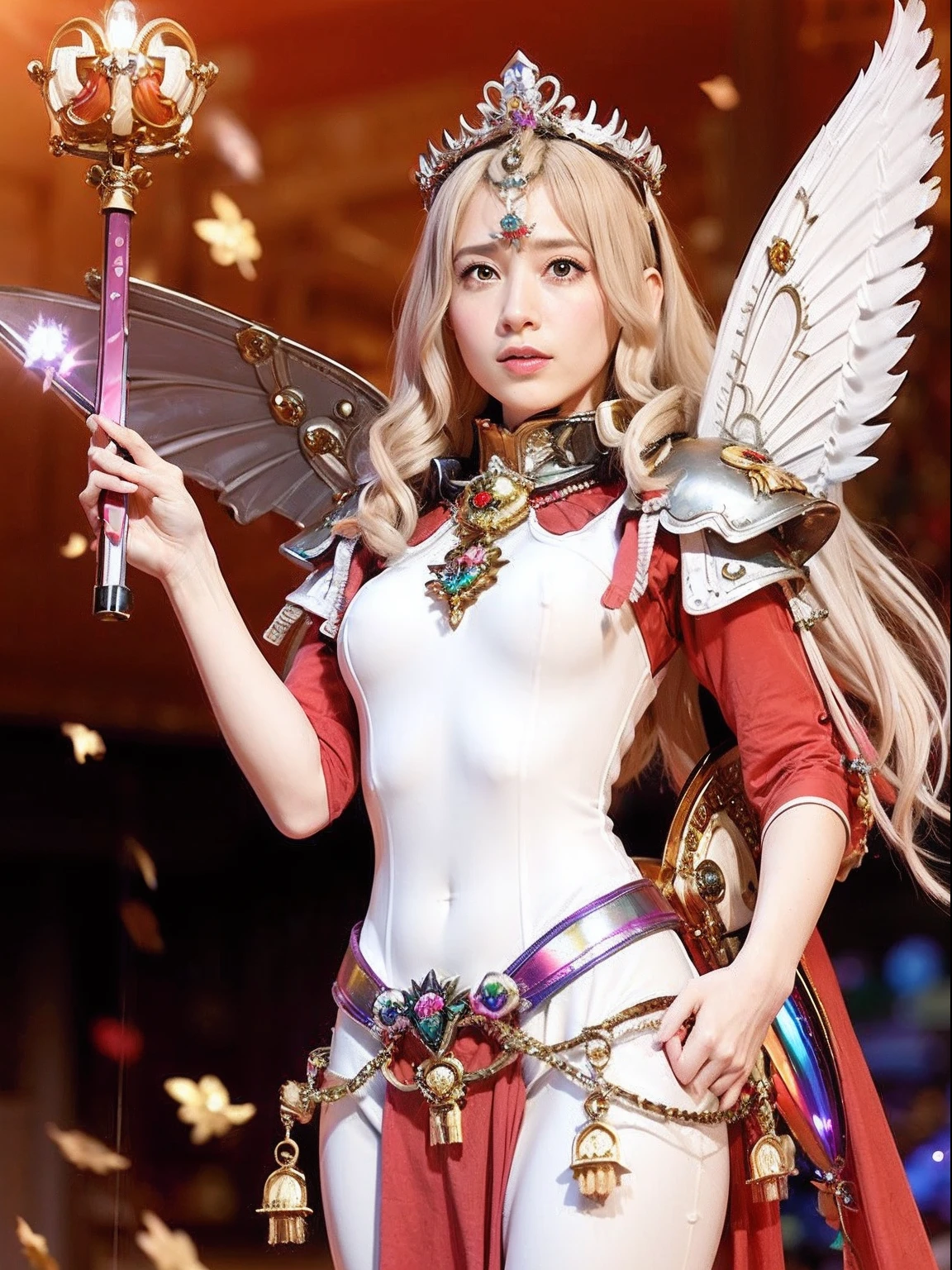 (masutepiece), Professional , ​masterpiece、top-quality、photos realistic , depth of fields （Gemstone Silver Metal Body:1.９),(Matt W White Pink、Jewel Gold Weapon、（Gorgeous castle background）、（ultimate beauty girl）、（Rainbow fairy wings grow）、Particles of light、（Metal body of iridescent gemstones:1.９),Gorgeous Jewel Metal Weapons , Detailed Sword of the Brave ,（ a blond）   ,warhammer 40k , adepta sororitas,Detail and ornate jewel crown、solo、Brown hair、Mystical expression、（Gangle's forest background）、Beautiful Caucasian beauty、１a person、dynamic ungle,(((Diamond tiara with detail and luxury)))、a small face、Powerful poses、（Gorgeous castle background）、huge filesize、20 year old beautiful woman、Stand in the center of the screen、Thin female fingers、Straight long hair、Beautiful Caucasian beauty、（maikurobiki）、Hair fluttering in the wind、face forwards、Look at viewers、（Armpit）、Armpit、