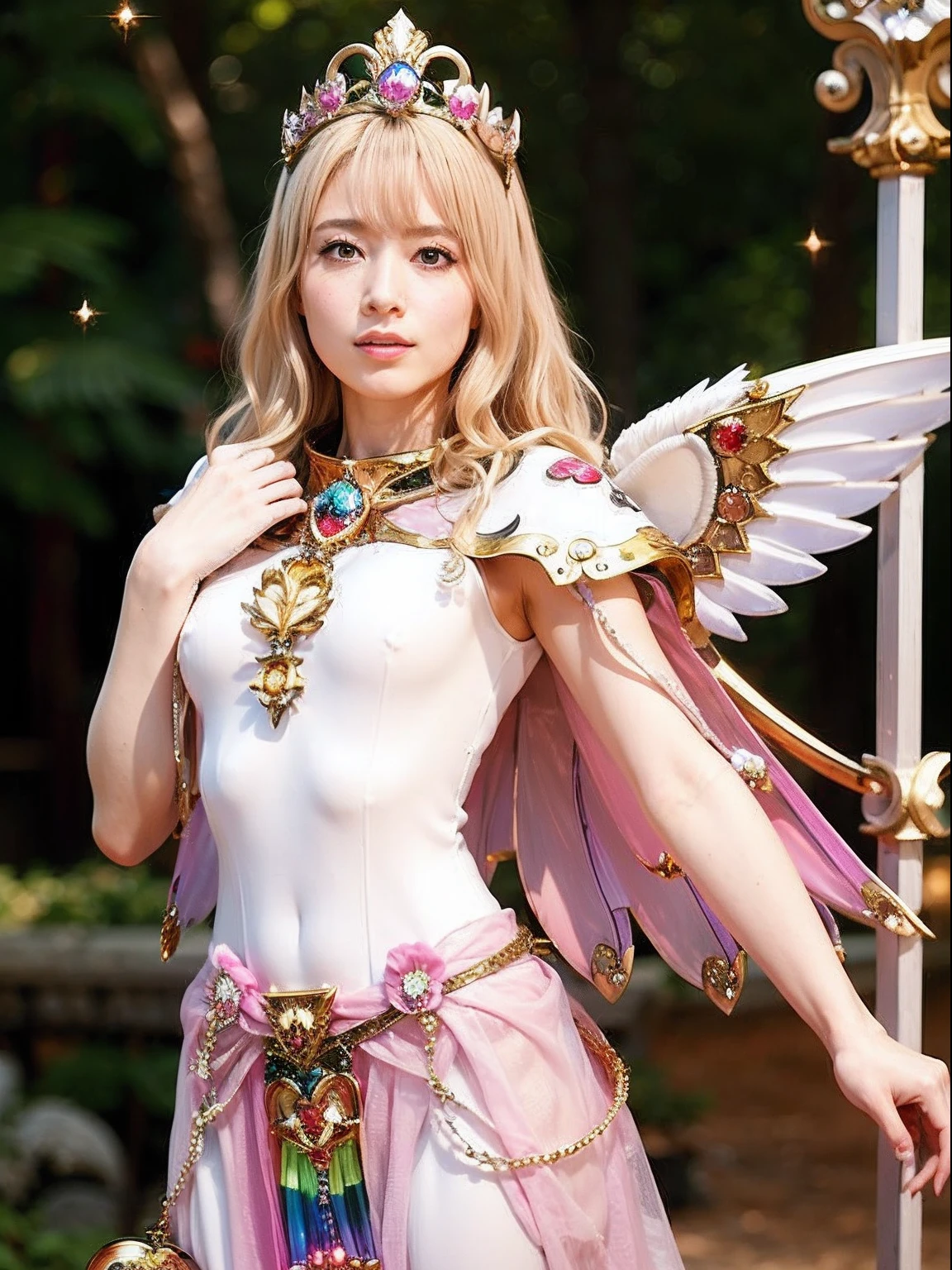 (masutepiece), Professional , ​masterpiece、top-quality、photos realistic , depth of fields （Gemstone Silver Metal Body:1.９),(Matt W White Pink、Jewel Gold Weapon、（Gorgeous castle background）、（ultimate beauty girl）、（Rainbow fairy wings grow）、Particles of light、（Metal body of iridescent gemstones:1.９),Gorgeous Jewel Metal Weapons , Detailed Sword of the Brave ,（ a blond）   ,warhammer 40k , adepta sororitas,Detail and ornate jewel crown、solo、Brown hair、Mystical expression、（Gangle's forest background）、Beautiful Caucasian beauty、１a person、dynamic ungle,(((Diamond tiara with detail and luxury)))、a small face、Powerful poses、（Gorgeous castle background）、huge filesize、20 year old beautiful woman、Stand in the center of the screen、Thin female fingers、Straight long hair、Beautiful Caucasian beauty、（maikurobiki）、Hair fluttering in the wind、face forwards、Look at viewers、（Armpit）、Armpit、