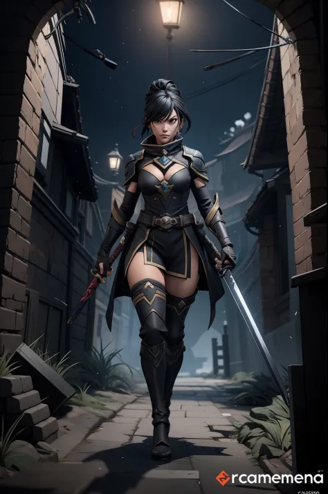 a woman in a black outfit holding a sword and standing in an alley, 2. 5 d cgi anime fantasia arte | |, female action anime girl...