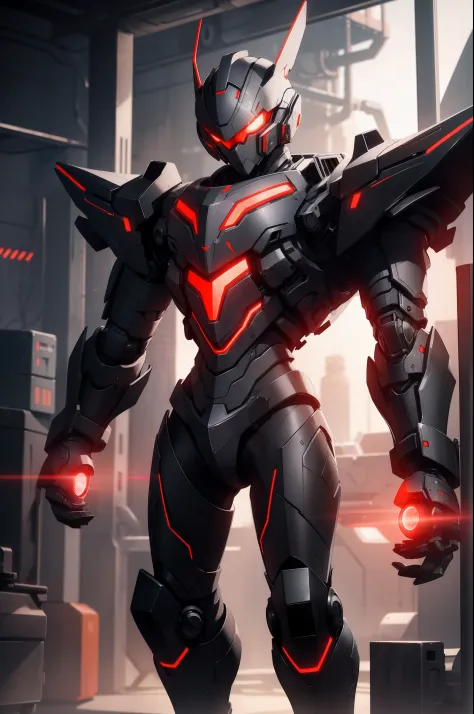 mech, black armor, science fiction, red glowing eyes, up to legs