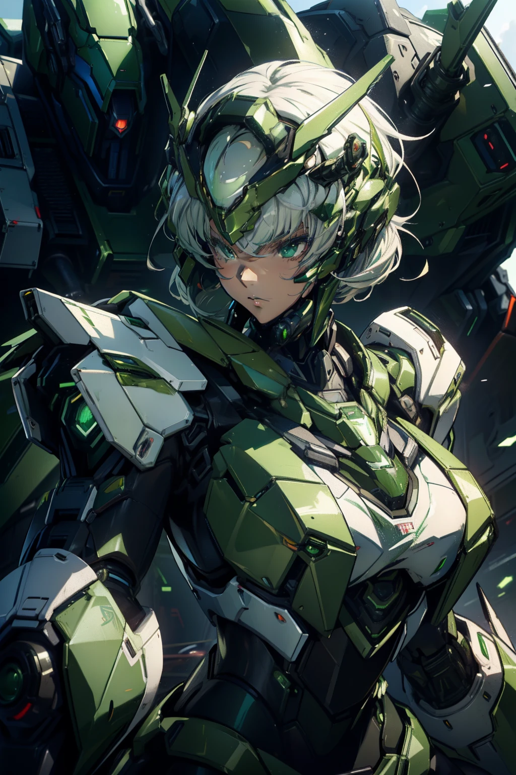 a close up of a woman in a green and white outfit holding a large robot, anime mecha aesthetic, girl in mecha cyber armor, streamlined green armor, armor girl, mecha asthetic, anime robotic mixed with organic, slick green armor, cyberpunk anime girl mech, detailed anime artwork, mechanized valkyrie girl, female mecha, white hair