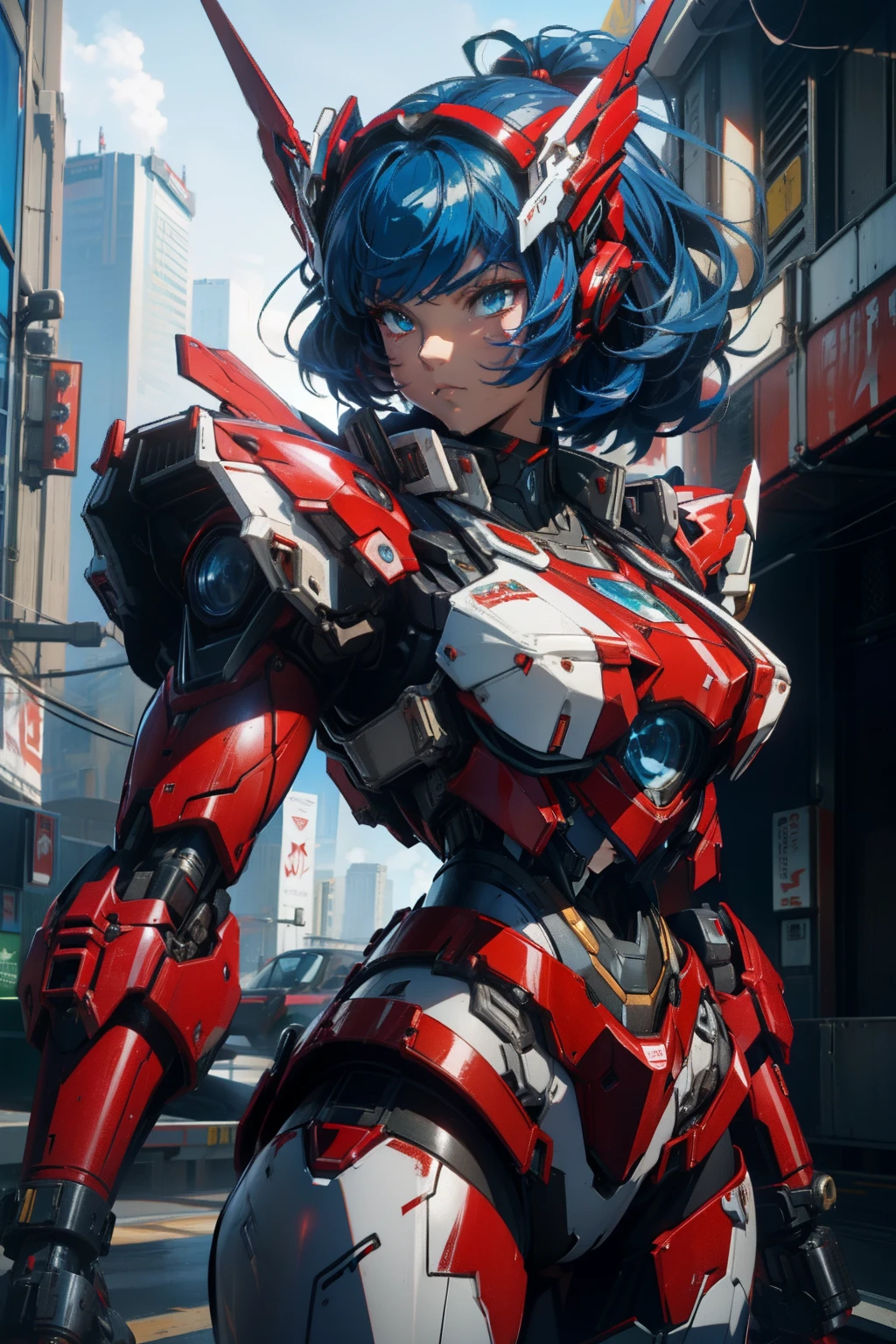 a close up of a woman in a red and white outfit holding a large robot, anime mecha aesthetic, girl in mecha cyber armor, streamlined red armor, armor girl, mecha asthetic, anime robotic mixed with organic, slick red armor, cyberpunk anime girl mech, detailed anime artwork, mechanized valkyrie girl, female mecha, blue hair, long back hair