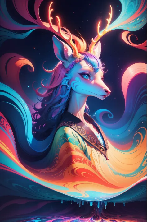 (Psychedelic painting of deer standing in front of colorful whirlpools), ((Multi-sewn large antlers, stag, Big head)), Light and...