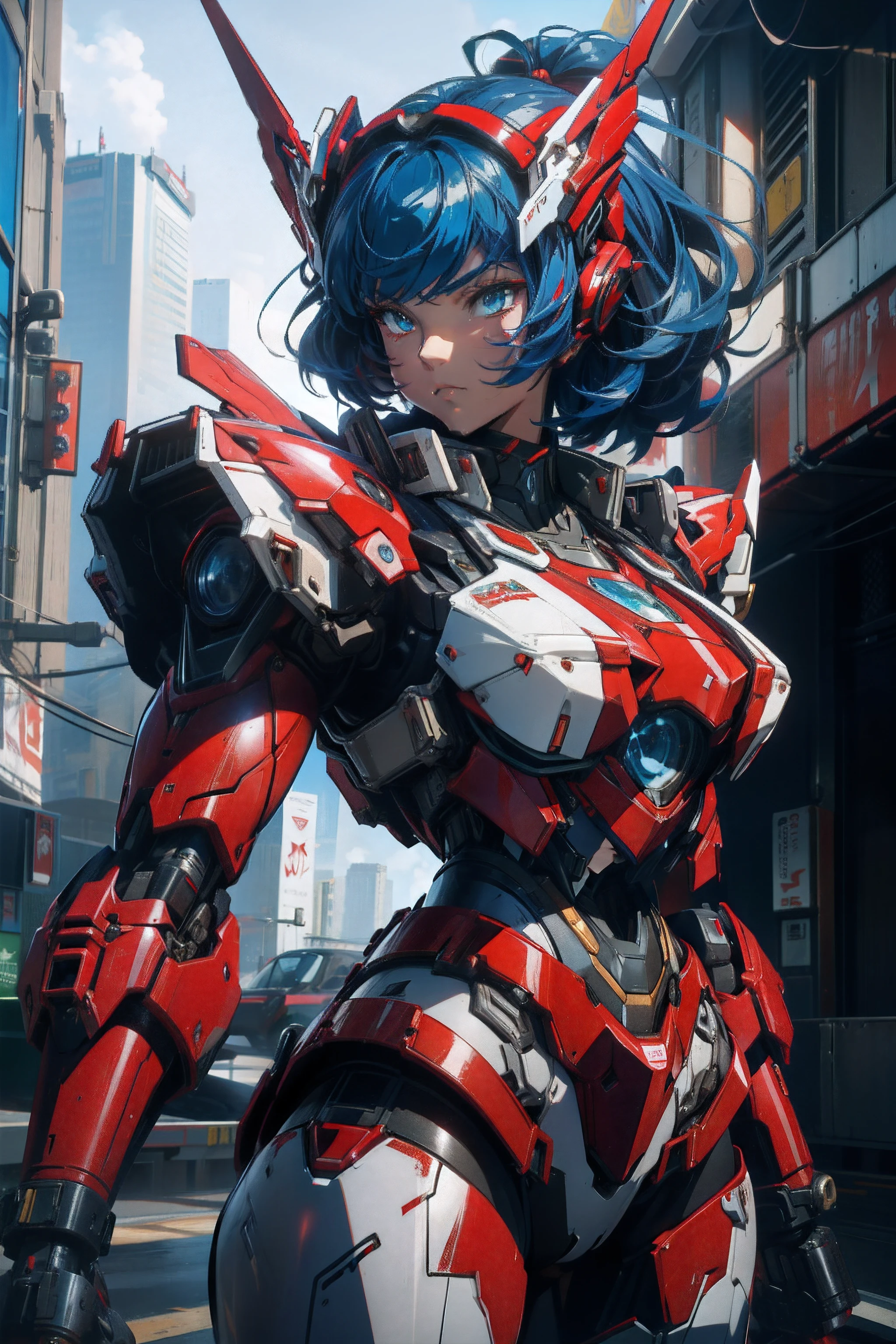 a close up of a woman in a red and white outfit holding a large robot, anime mecha aesthetic, girl in mecha cyber armor, streamlined red armor, armor girl, mecha asthetic, anime robotic mixed with organic, slick red armor, cyberpunk anime girl mech, detailed anime artwork, mechanized valkyrie girl, female mecha, blue hair, long back hair