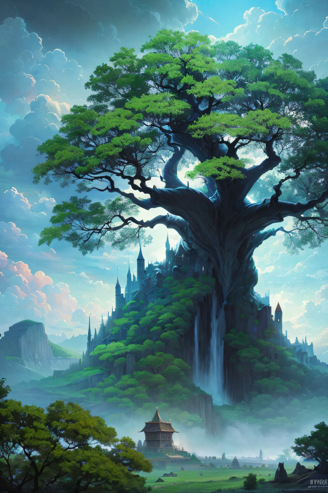 There is a painting of a tree in the middle of the mountain, fractal thunder dan mumford, 4k highly detailed digital art, magic the gathering card art, 8k hd wallpaperjpeg artifact, 8k hd wallpaperjpeg artifact, magic the gathering art, full art, 4K detailed digital art, Symmetrical epic fantasy art, league of legends splashart，Dream painting，world tree，gigantic trees，Divine Tree，fansty world，Blue skies，White clouds floating，big breasts beautiful，large grassland