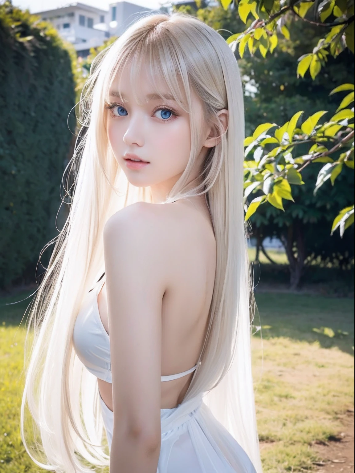 A close up of a woman with long blonde hair wearing a white dress - SeaArt  AI