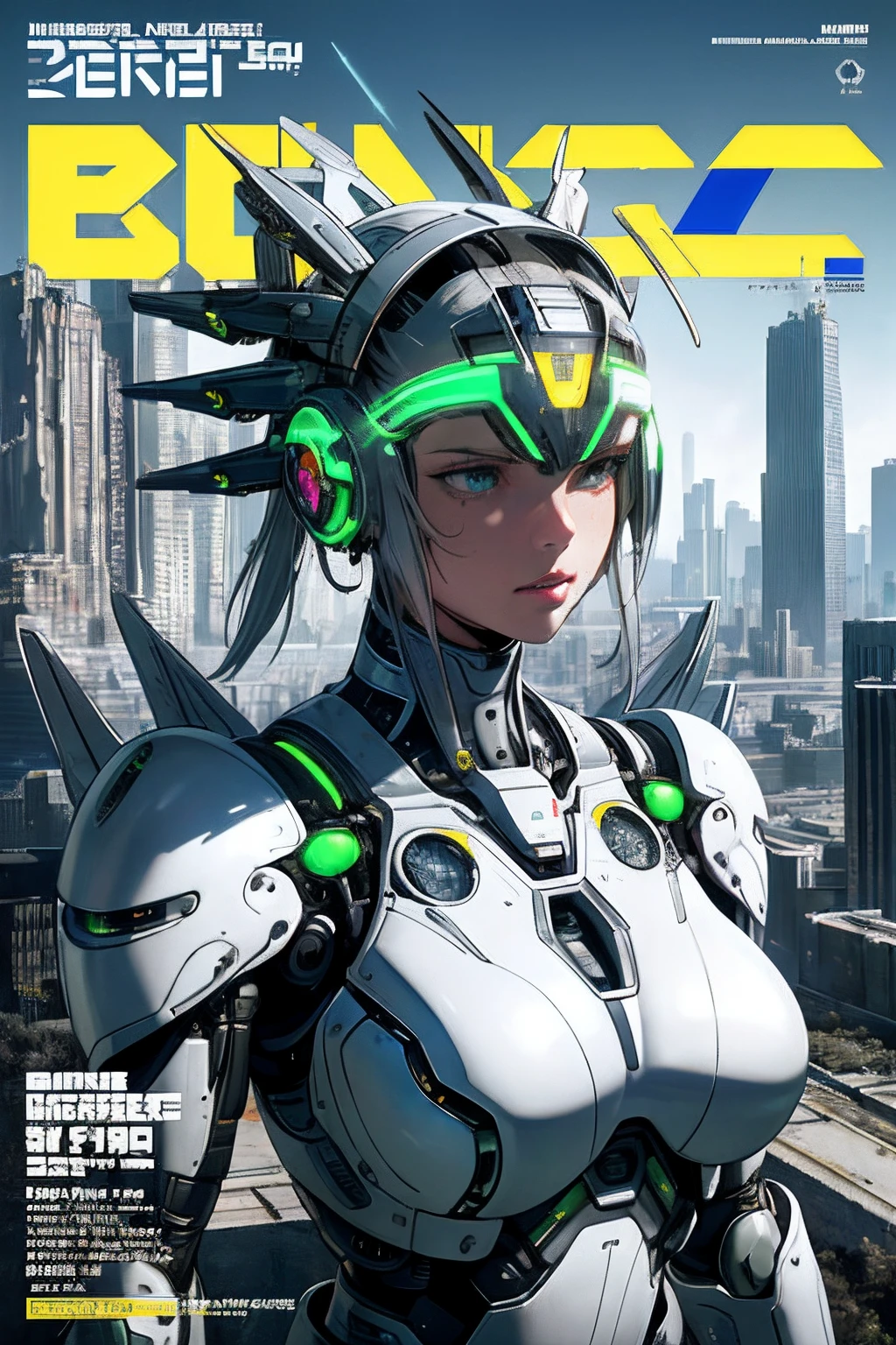 masterpiece,  (best quality), (ultra-detailed), (ultra-realistic:1.2), landscape,  sci-fi, transistorpunk,  cyberpunk, biopunk, (magazine cover:1.4), (gray, white), female huge robot, visor, earring, mechanical angel wings on the back, angel wings,  future town, dynamic pose, dynamic angle, small breasts, luxury, (gold, silver, green), neon