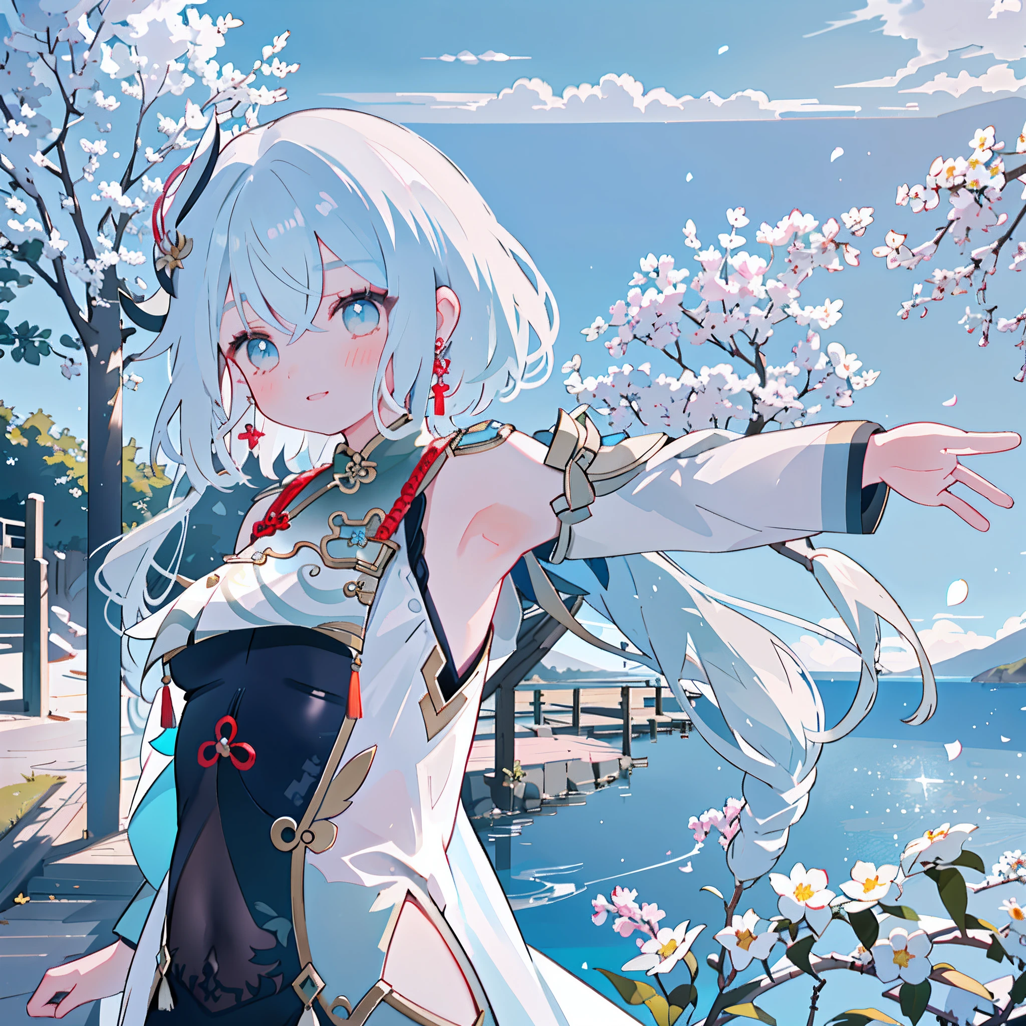 Anime girl with white hair and blue eyes standing in front of a lake -  SeaArt AI