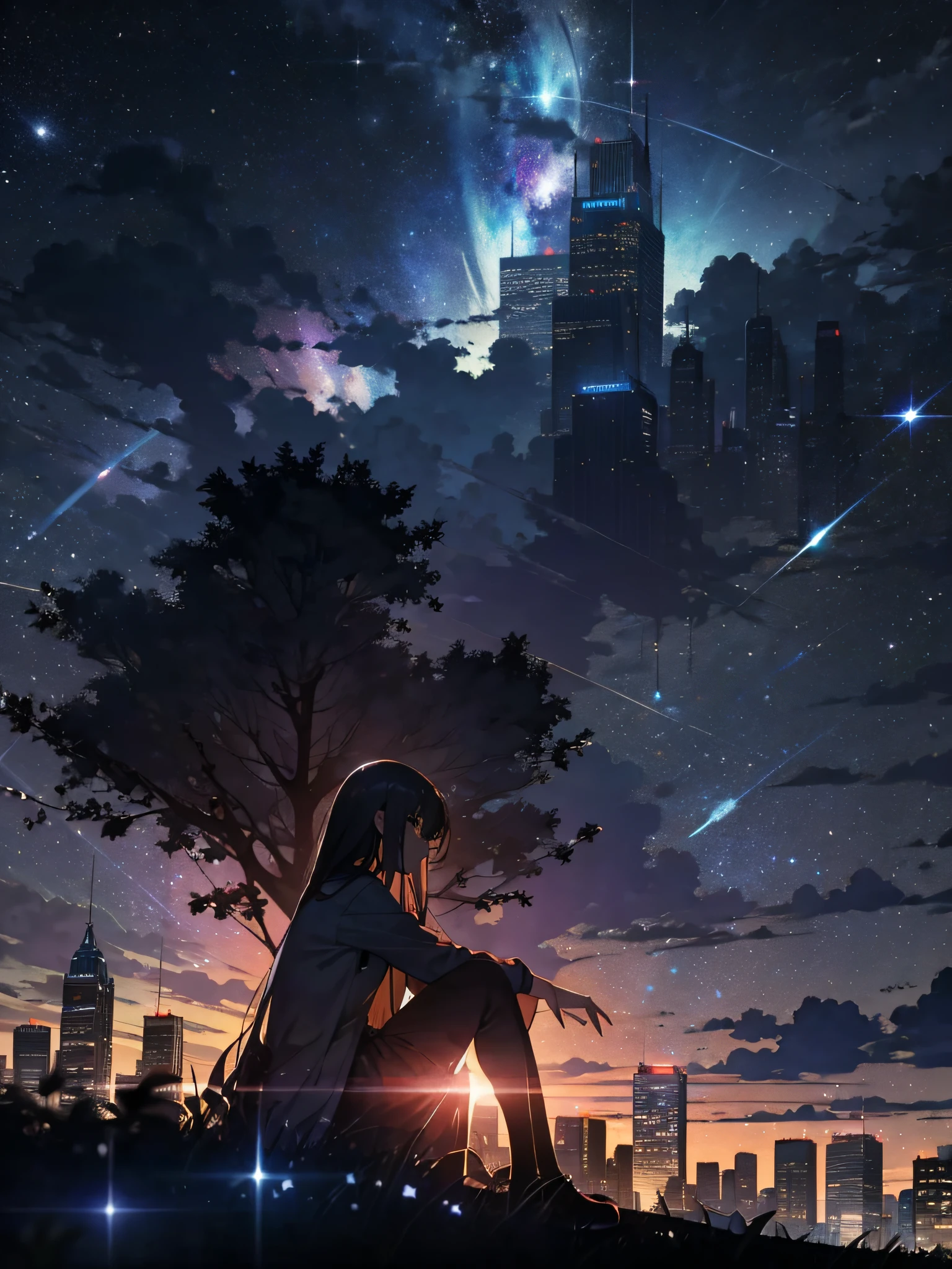 sky, star (sky), scenery, starry sky, night, 1girl, night sky, solo, outdoors, building, cloud, milky way, sitting, tree, long hair, city, silhouette, cityscape