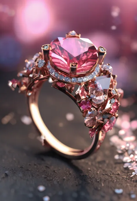 a jewelry design, sakura-themed ring, gemstones and diamonds, luxury, closeup, product view, trending on artstation, cgsociety, ultra quality, digital art, exquisite hyper details, 4k, Soft illumination, dreamy, fashion, rendering by unreal engine