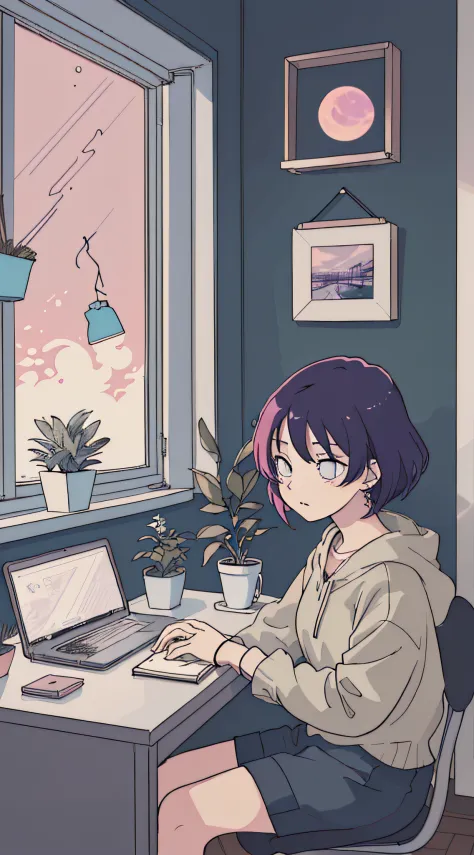 (masutepiece:1.5, best quality:1.5), ((vaporwave style, partially coloring)),in a cozy apartment, girl studying diligently at de...