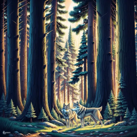dense pine forest with wolves