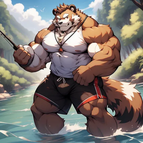 Anthropomorphic tanuki，male people，musculous，vast pecs，Naked pectoral muscles，Open top，rolled up sleeves，Huge crotch bulge，Tight shorts，Roll up the trouser legs，Fishing in the river，large tail，Cocked buttocks，facing to audience，High- sharpness，high detal，H...