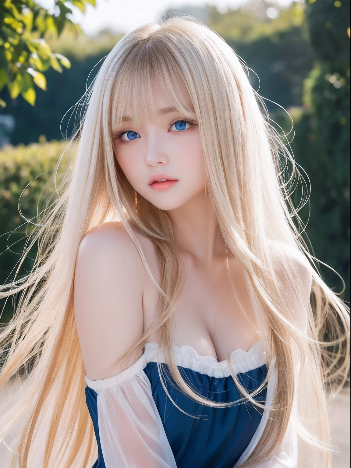 Transparent white glossy skin、Wind hair gets in the way in front of cute face、Colossal 、20 year old cute sexy little beautiful face、Beautiful straight hair that shines、Big, Shining light blue eyes、Long silky bangs covering cute eyes, Hair Hiding Sexy Face Super Long Hair Sexy Cute Young Woman Long Natural Blonde Glossy Light Hair
