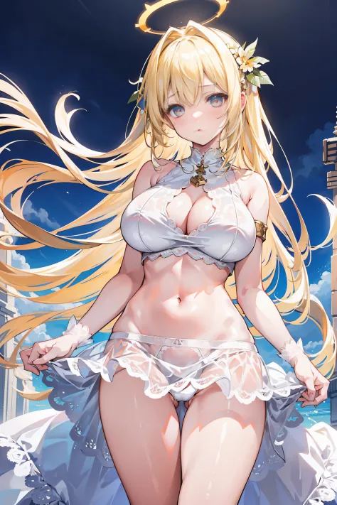 A girl with big breasts with a halo on her head floats in the air showing white lace thong panties，Blonde hair，Golden glowing eyes，divino，Misty，ribbon，Fog surrounds，sunny clear sky，extreme hight detail，White lace underwear，Miniskirt，exposing her chest，
