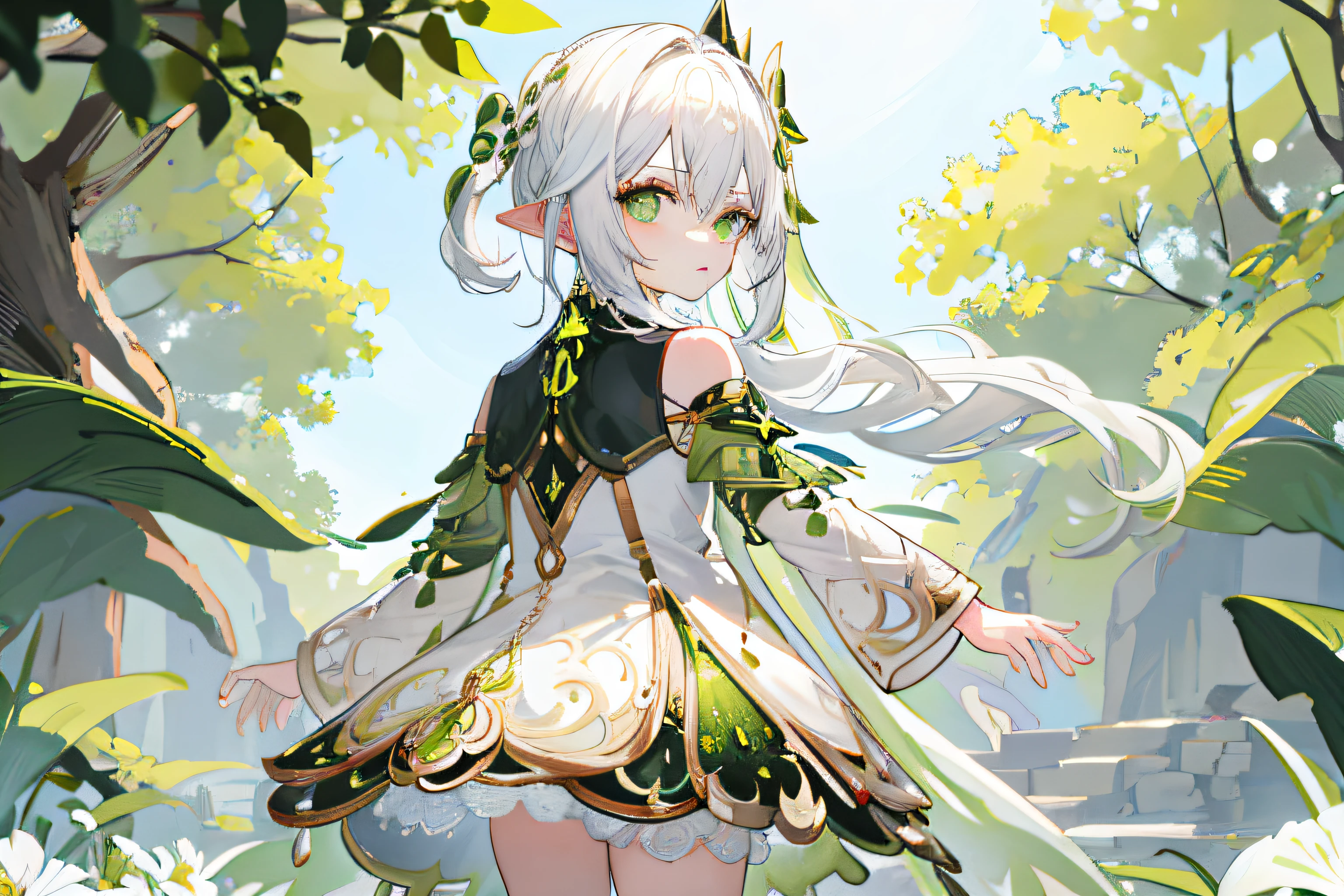 Nahida_Genshin,(White hair),cross-shaped pupils,default_dress,Green cape,Back hand