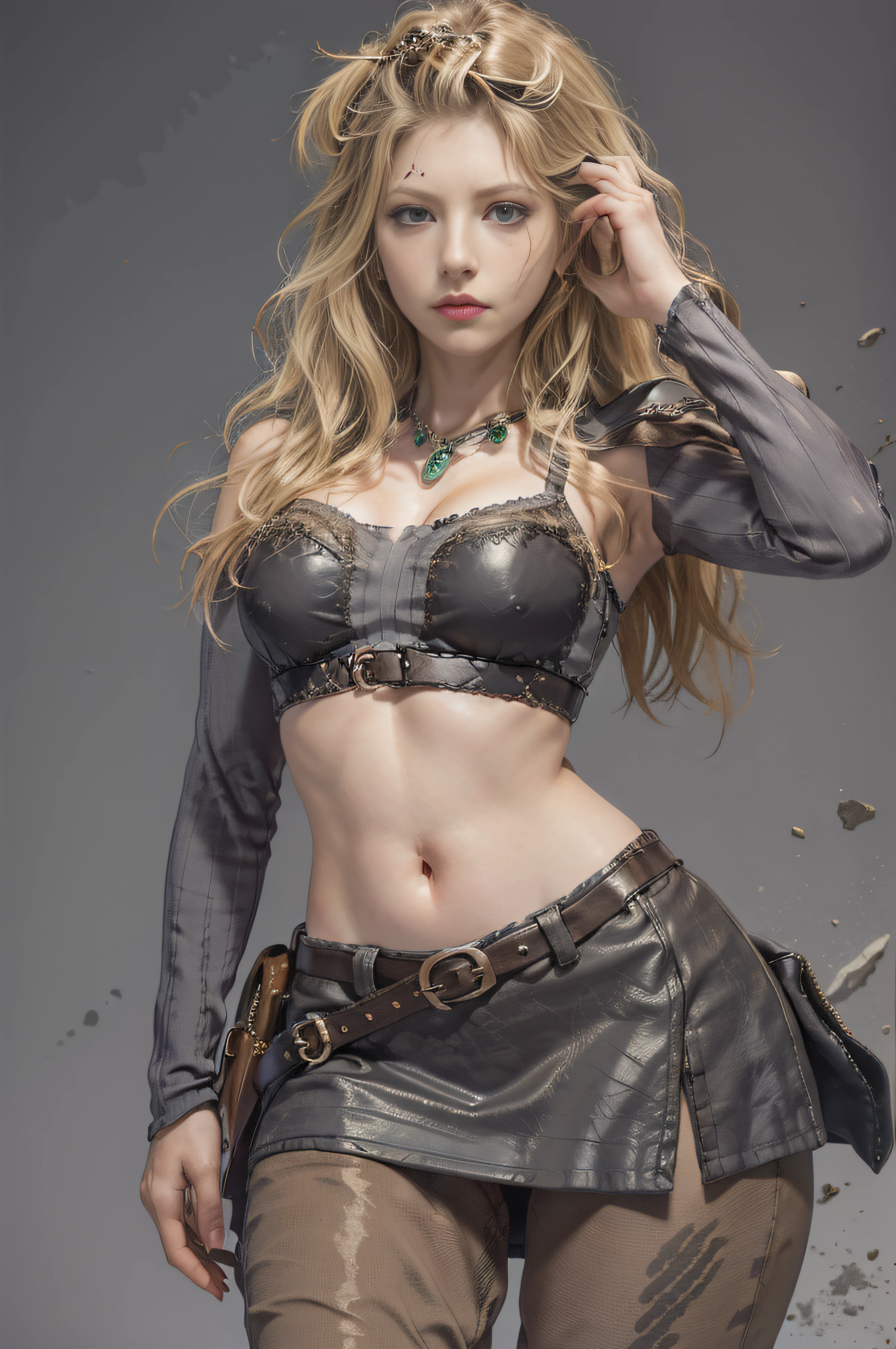 photorealistic, ultra-high-resolution, (lace shot: 1.2), ((Katherandn Winnick: 1.3)\(Vikings)\(Lagertha)), hyperdetailed, (muscular), (Verand defined toned phandsique), beautiful, female, detailed body, (detailed face: 1.1), (outlined iris), (Hidrocor lenses), (Perfect eyes), 4k, beautiful, (Masterpiece: 1.2), (Best Quality: 1.2), (A pretty woman), Wide hips, thick thighs, (smal boobs: 1.2) and (small breasts: 1.2), navel showing, high heels, ((crop top and mini falda)), (She wears a gorgeous mini skirt)), ((Boots)), choker, slut, seductive pose, perky breasts, Thicc, (Alone)