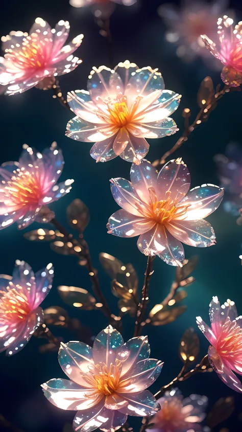 crystal spring blossom,
fantasy, galaxy, transparent, 
shimmering, sparkling, splendid, colorful, 
magical photography, dramatic...