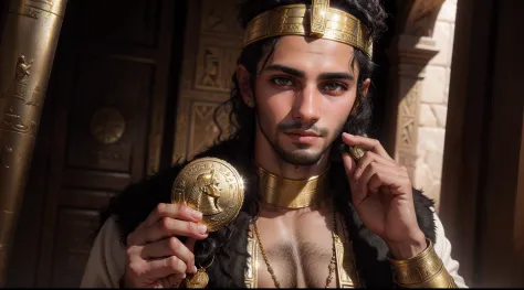A young Egyptian man from biblical times wearing traditional attire and holding a small gold coin.