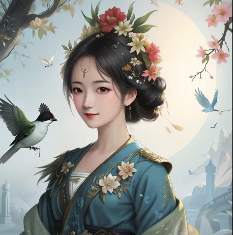 There was a woman holding a bird and a bird in her hand, Beautiful character painting, Palace ， A girl in Hanfu, Guviz-style artwork, A beautiful artwork illustration, Beautiful digital artwork, Fantasy art style, by Yang J, Beautiful digital illustration,...