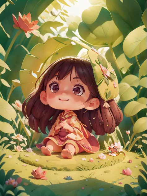 Pods full of lotus flowers, A little girl happily sits on the lotus leaves of a pod, Huge lotus leaf, Barefoot, Dressed in pink ...