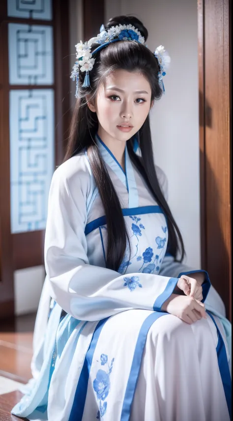 Blue and white porcelain style，Ancient Chinese clothing，The clothing is blue and white motif，ancient china art style，Fashion mod...