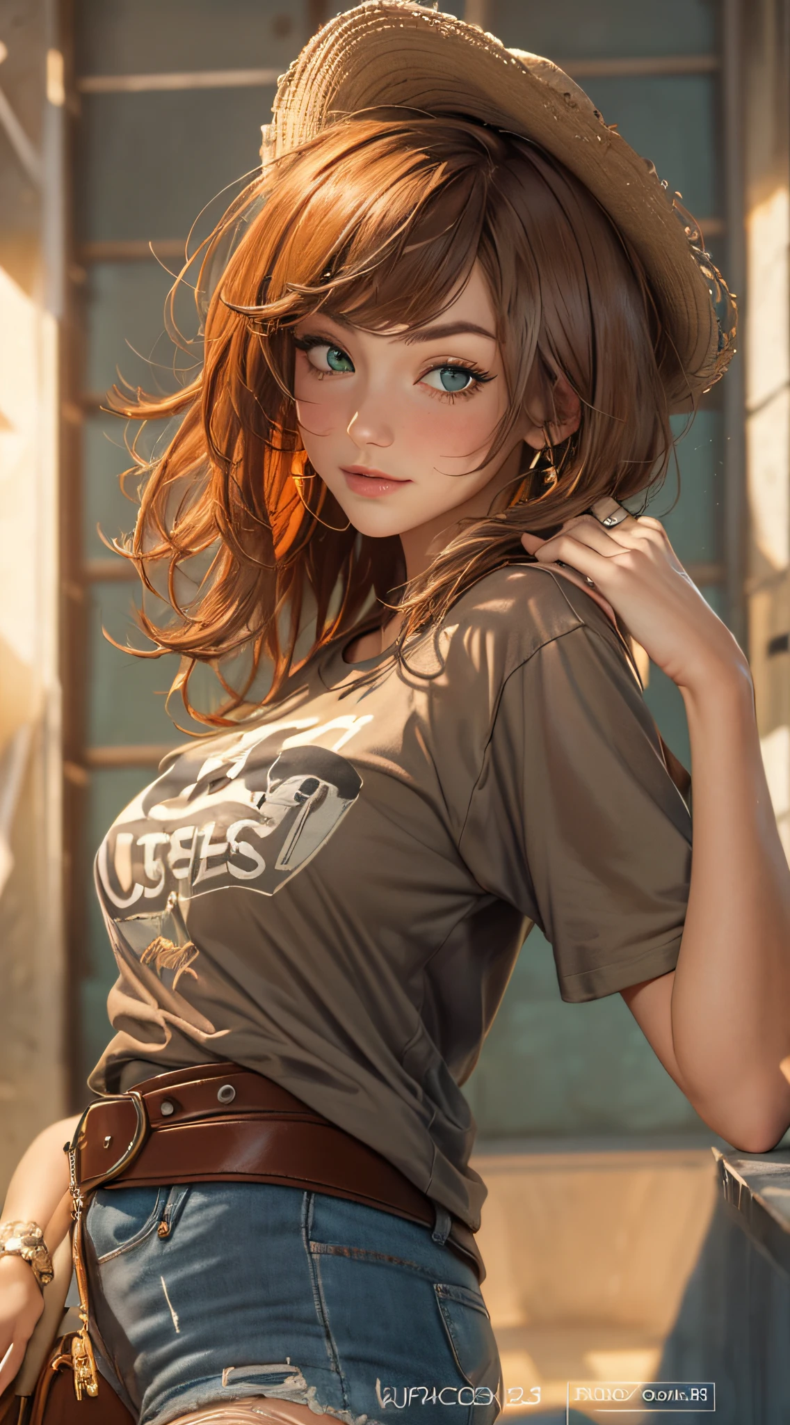 beautiful woman, big breasts, black T-shirt, very short shorts, smirk, (T-shirt has the words "LUCASTOS":1.5), short hair, back view, looking at viewer, cowboy photo, (hyperdetailed, epic realism: 1.2), intricate detail, redhead, green eyes, indoors, detailed background, (hyperrealistic, award-winning 8K artwork: 1.2)