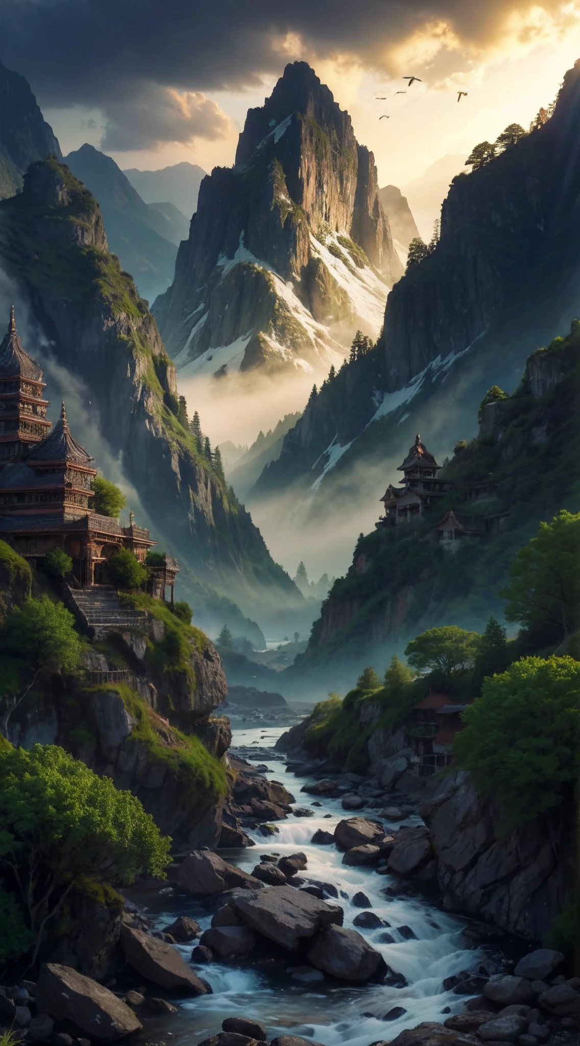 lanscape, 8k potrait of realistic beautiful landscape with temple in ...