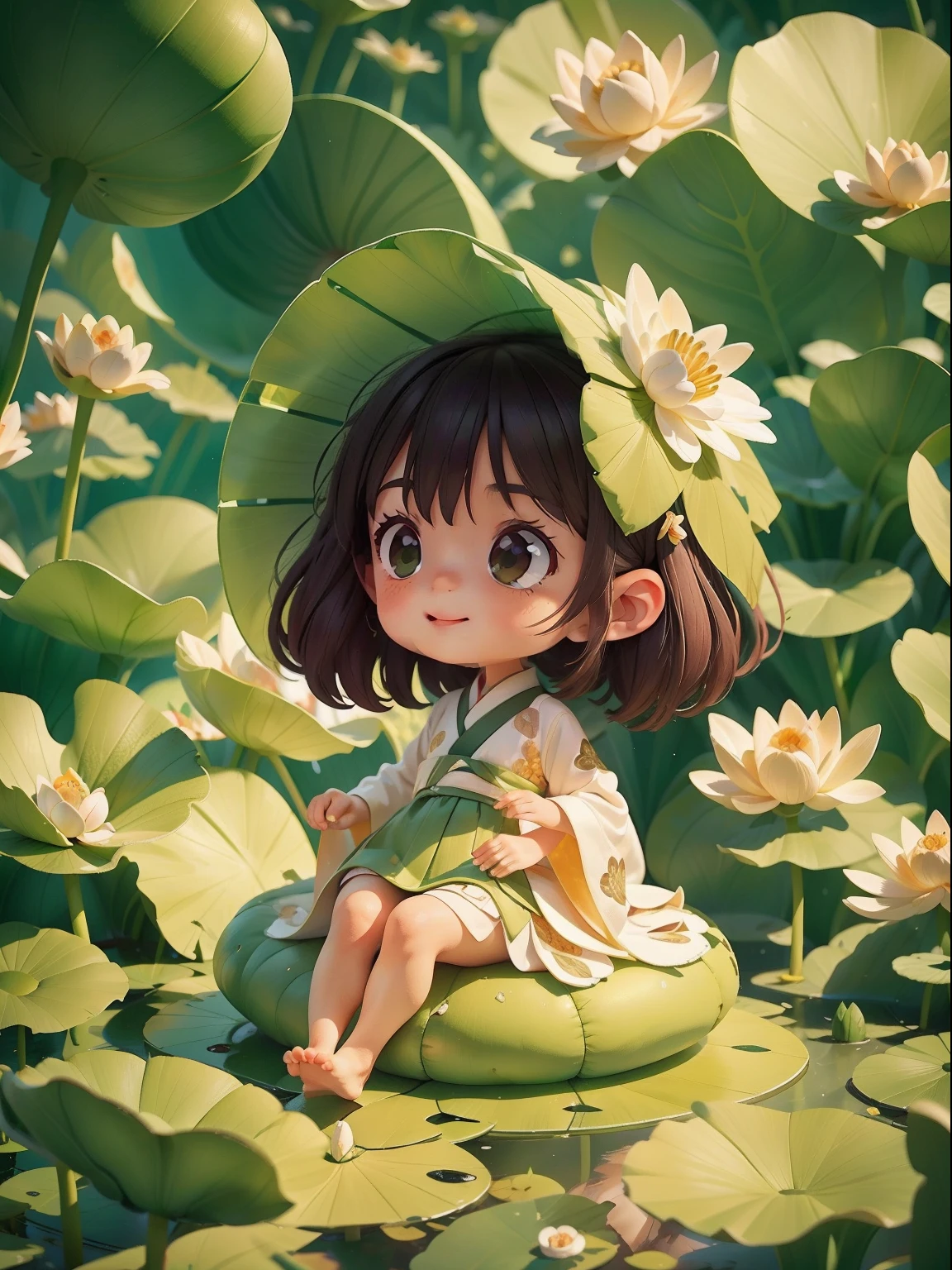Pods full of lotus flowers, A  happily sits on the lotus leaves of a pod, Huge lotus leaf, Barefoot, Dressed in white and green Hanfu, Light and shadow, A masterpiece