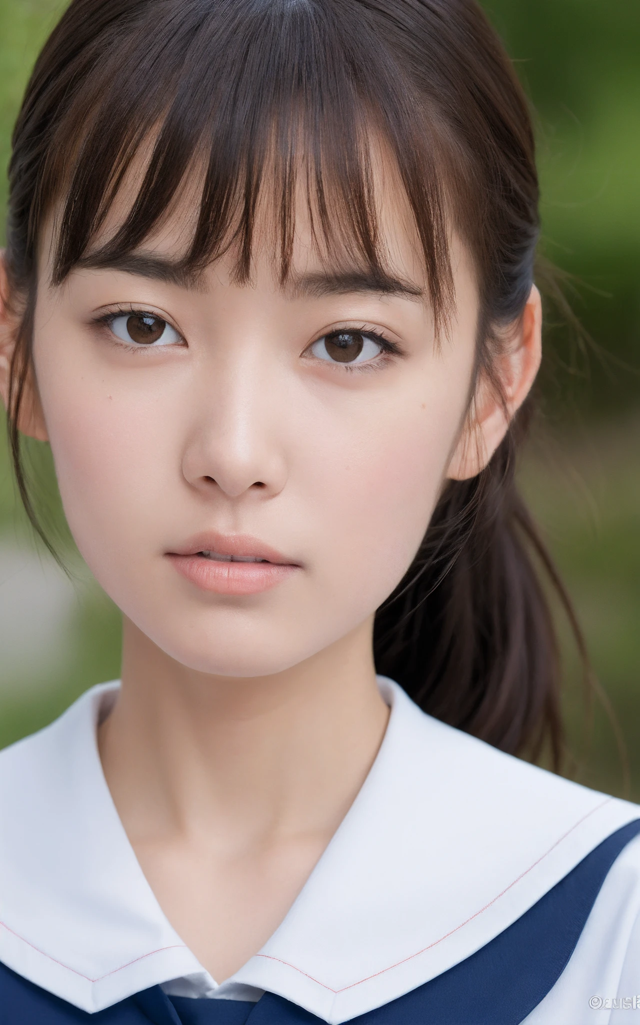 ((of the highest quality, 8K, masutepiece: 1.3)), Beauty, 1 Japan Girl,  dark brown hair, choppy bangs, lower ponytail, detailed face, very detailed lips, Detailed eyes, Double eyelids, Sweaty skin: 1.2, sailor uniform, school uniform,